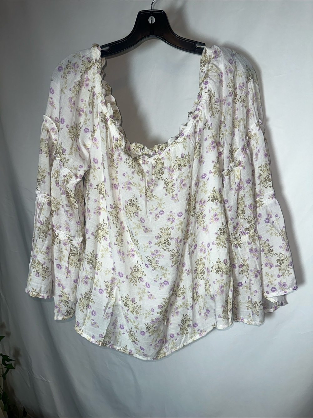 Rue21 White Floral Peasant Blouse with Lilac and Green Print